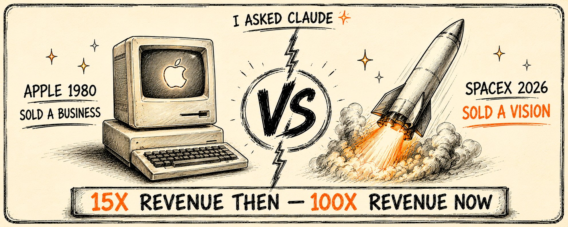 我问了 Claude：Apple 1980 年的 IPO 与 SpaceX 2026 年的 IPO，谁更会“兜售未来”？ 第 1 张参考图
